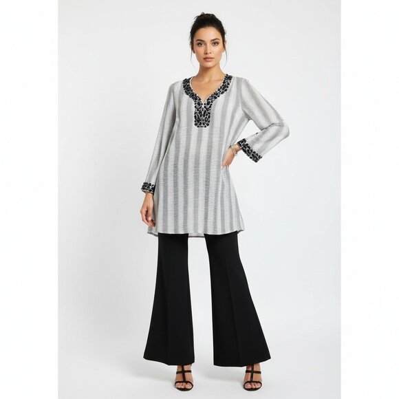 Adrienne Vittadini Black & White Stripe Embellished Sheer Tunic Blouse Top XL - Picture 8 of 8